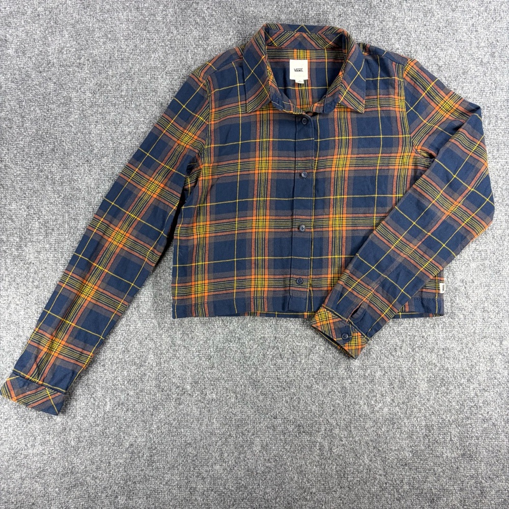 Vans Boxcar crop flannel women’s blue gold long sleeve shirt size Small